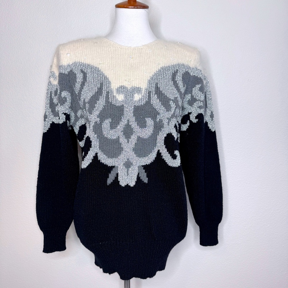 VTG CHRISTINE Sweater M Angora Beaded Sequin 80s Embellished Black White Silver